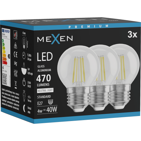 Mexen Vintis 3x LED filamentová žárovka E27, G45, 4W, neutrální - 4000K, 470 lm, čirá - L156-E27-0427-00x03