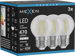 Mexen Vintis 3x LED filamentová žárovka E27, G45, 4W, neutrální - 4000K, 470 lm, čirá - L156-E27-0427-00x03