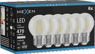 Mexen Vintis 6x LED vlákno žárovka E27, G45, 4W, Neutrální - 4000K, 470 lm, čirá - L156-E27-0427-00x06