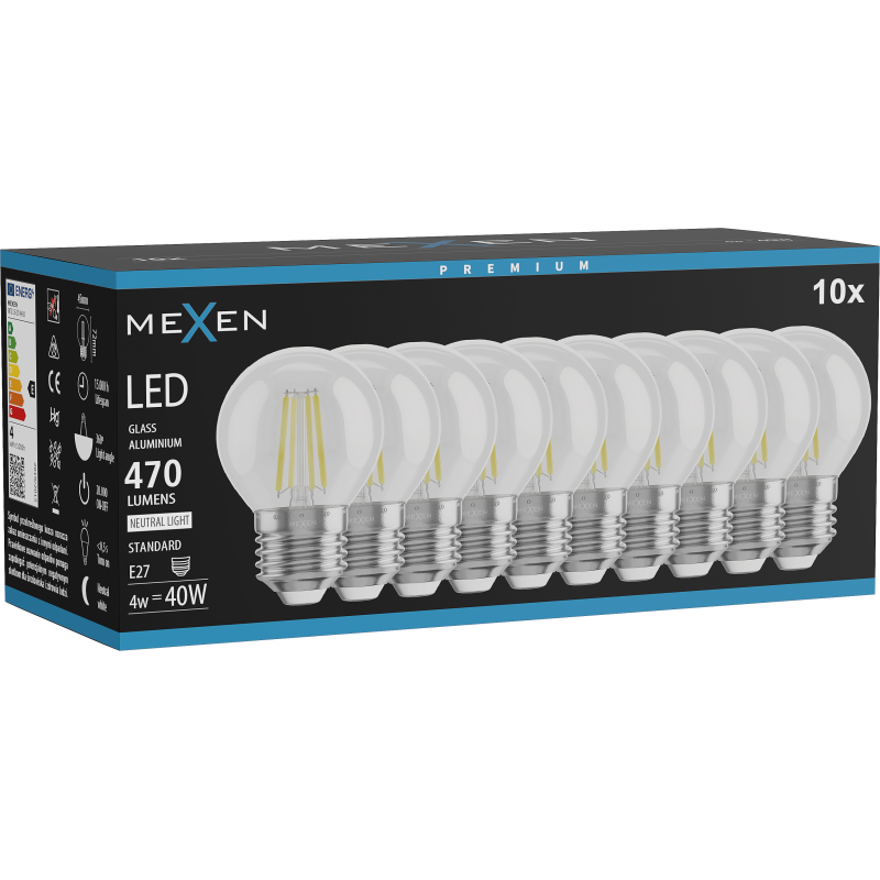 Mexen Vintis 10x žárovka filament LED E27, G45, 4W, Neutrální - 4000K, 470 lm, čirá - L156-E27-0427-00x10