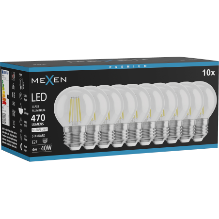 Mexen Vintis 10x žárovka filament LED E27, G45, 4W, Neutrální - 4000K, 470 lm, čirá - L156-E27-0427-00x10