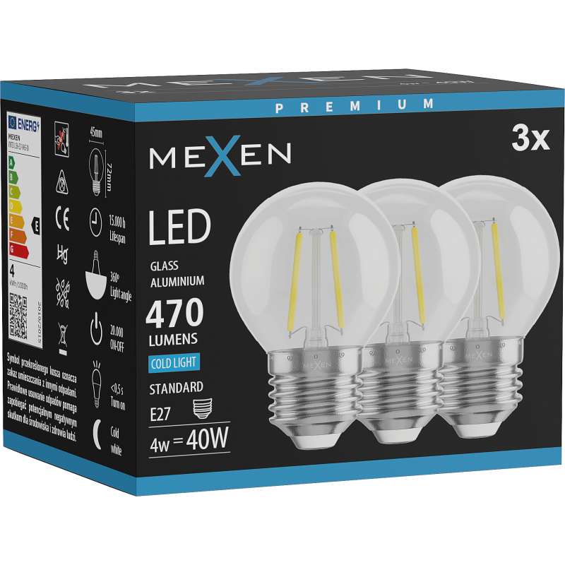 Mexen Vintis 3x LED žárovka s vláknem E27, G45, 4W, Studená - 6500K, 470 lm, čirá - L156-E27-0465-00x03