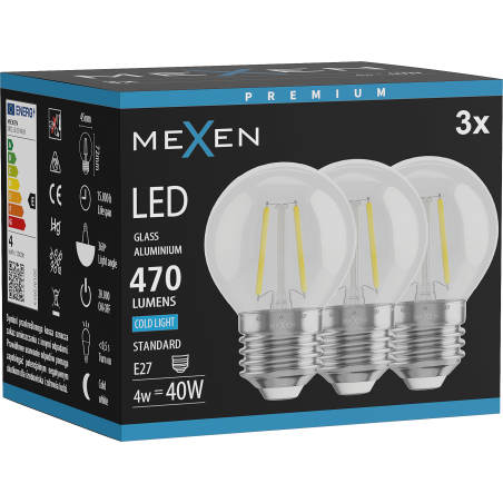 Mexen Vintis 3x LED žárovka s vláknem E27, G45, 4W, Studená - 6500K, 470 lm, čirá - L156-E27-0465-00x03