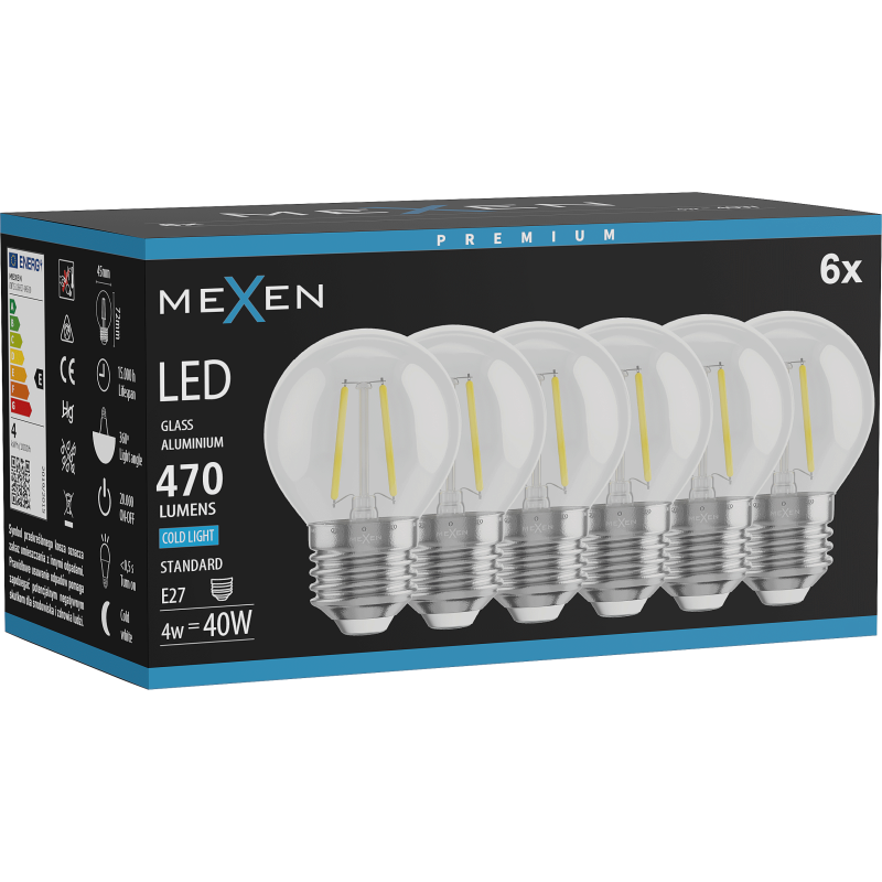 Mexen Vintis 6x LED filamentová žárovka E27, G45, 4W, Studená - 6500K, 470 lm, čirá - L156-E27-0465-00x06