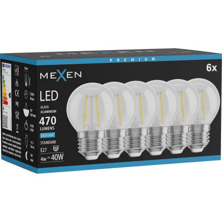 Mexen Vintis 6x LED filamentová žárovka E27, G45, 4W, Studená - 6500K, 470 lm, čirá - L156-E27-0465-00x06