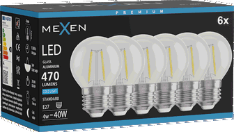 Mexen Vintis 6x LED filamentová žárovka E27, G45, 4W, Studená - 6500K, 470 lm, čirá - L156-E27-0465-00x06