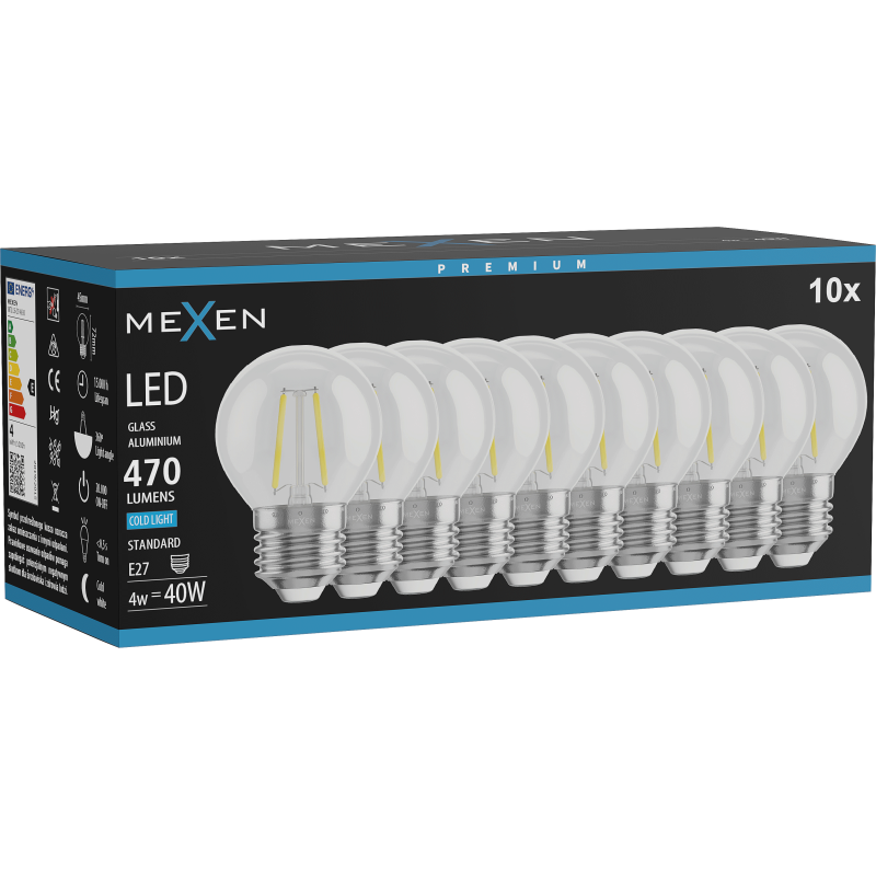 Mexen Vintis 10x Žárovka filament LED E27, G45, 4W, Studená - 6500K, 470 lm, čirá - L156-E27-0465-00x10
