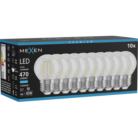Mexen Vintis 10x Žárovka filament LED E27, G45, 4W, Studená - 6500K, 470 lm, čirá - L156-E27-0465-00x10
