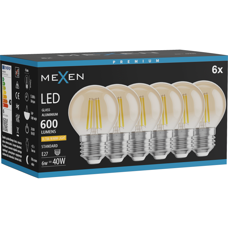 Mexen Vintis 6x filamentová žárovka LED E27, G45, 6W, Teplá - 2200K, 600 lm, jantarová - L156-E27-0622-50x06