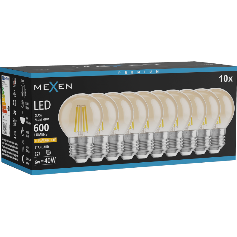 Mexen Vintis 10x Žárovka filament LED E27, G45, 6W, Teplá - 2200K, 600 lm, jantarová - L156-E27-0622-50x10