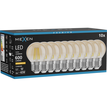 Mexen Vintis 10x Žárovka filament LED E27, G45, 6W, Teplá - 2200K, 600 lm, jantarová - L156-E27-0622-50x10