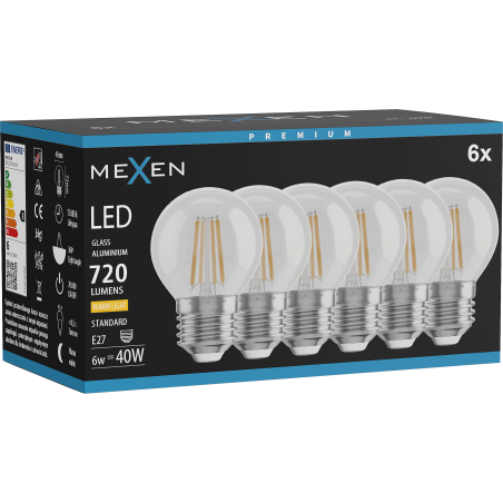 Mexen Vintis 6x žárovka filament LED E27, G45, 6W, Teplá - 2700K, 720 lm, čirá - L156-E27-0627-00x06