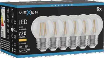 Mexen Vintis 6x žárovka filament LED E27, G45, 6W, Teplá - 2700K, 720 lm, čirá - L156-E27-0627-00x06