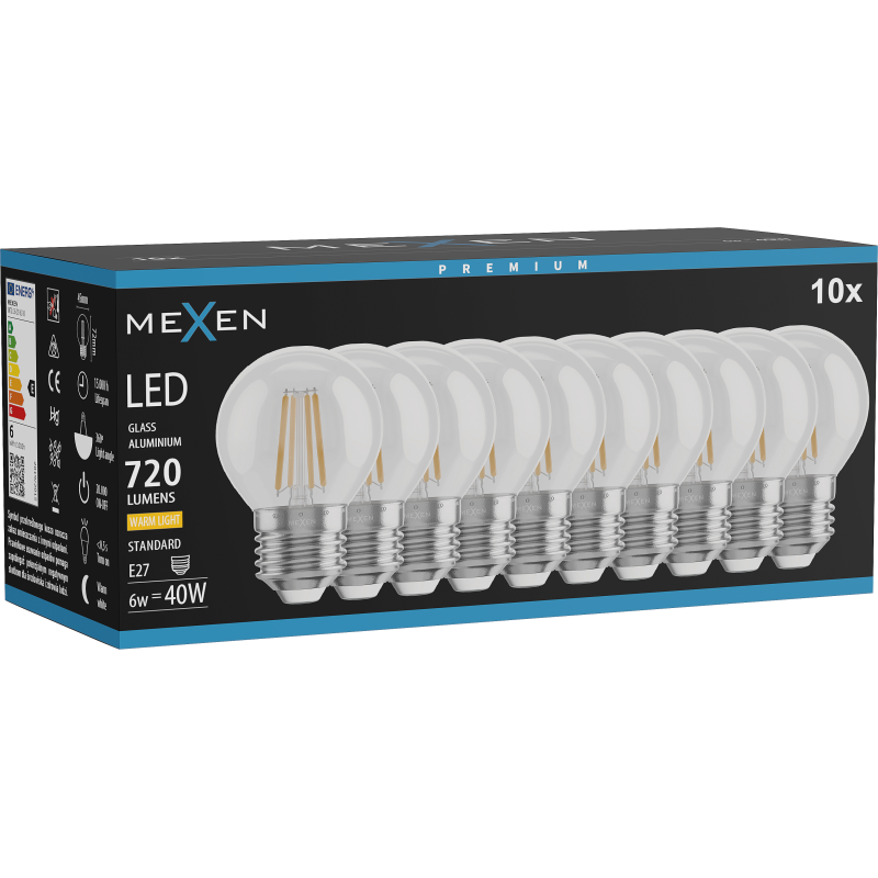 Mexen Vintis 10x Žárovka filament LED E27, G45, 6W, Teplá - 2700K, 720 lm, čirá - L156-E27-0627-00x10