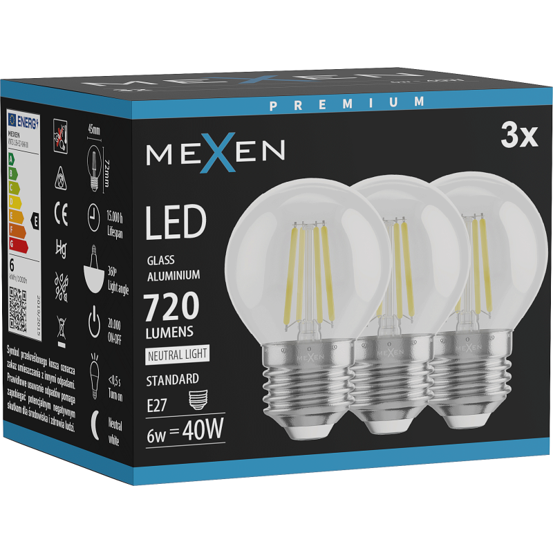 Mexen Vintis 3x LED filamentová žárovka E27, G45, 6W, Neutrální - 4000K, 720 lm, čirá - L156-E27-0627-00x03