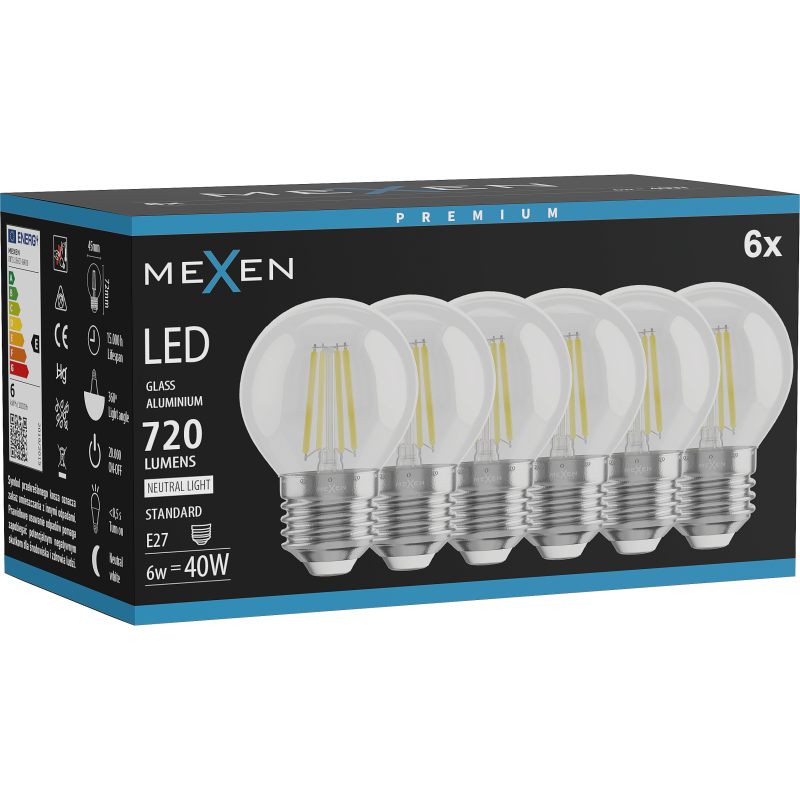 Mexen Vintis 6x Žárovka filament LED E27, G45, 6W, Neutrální - 4000K, 720 lm, čirá - L156-E27-0627-00x06