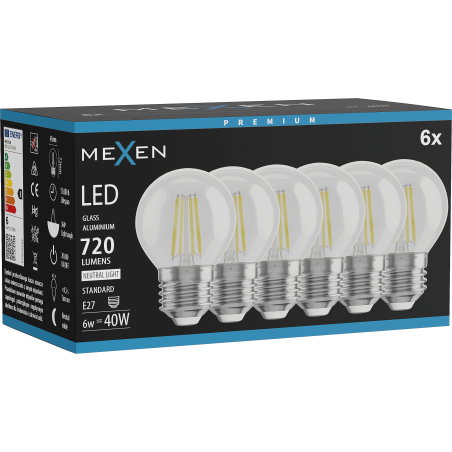 Mexen Vintis 6x Žárovka filament LED E27, G45, 6W, Neutrální - 4000K, 720 lm, čirá - L156-E27-0627-00x06
