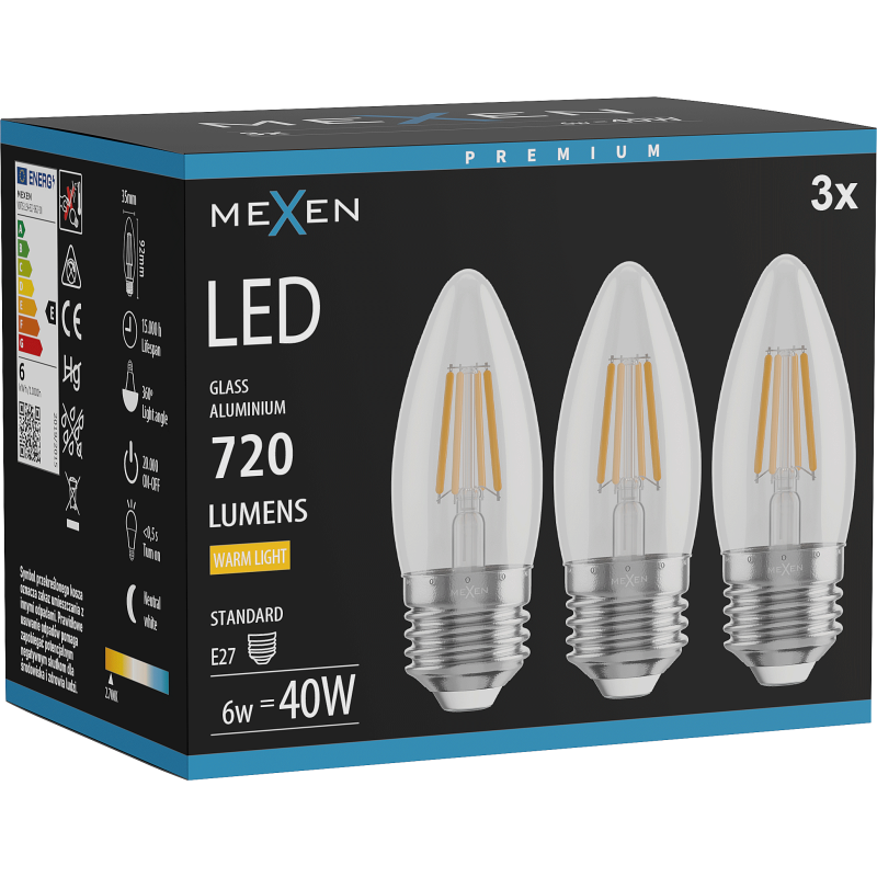 Mexen Vintis 3x žárovka filament LED E27, C35, 6W, Teplá - 2700K, 720 lm, čirá - L154-E27-0627-00x03