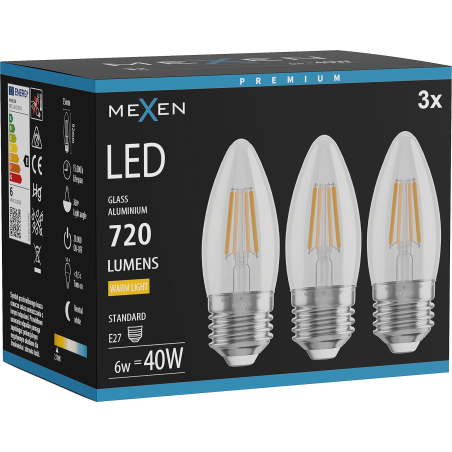 Mexen Vintis 3x žárovka filament LED E27, C35, 6W, Teplá - 2700K, 720 lm, čirá - L154-E27-0627-00x03