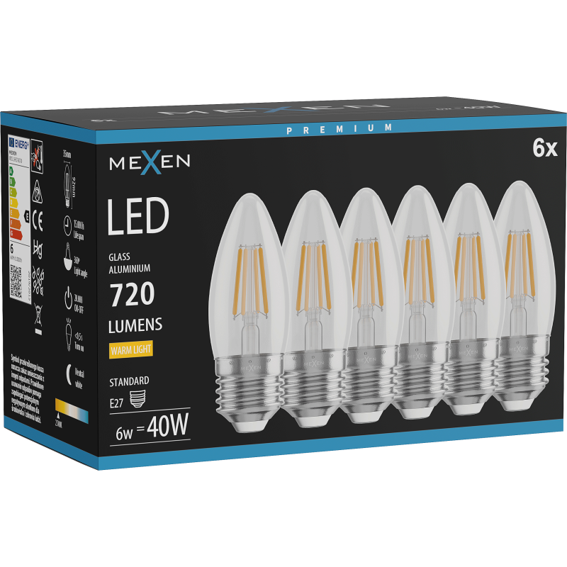 Mexen Vintis 6x LED filamentová žárovka E27, C35, 6W, Teplá - 2700K, 720 lm, čirá - L154-E27-0627-00x06