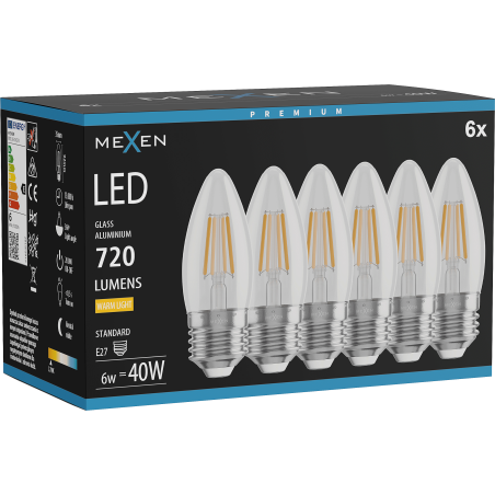 Mexen Vintis 6x LED filamentová žárovka E27, C35, 6W, Teplá - 2700K, 720 lm, čirá - L154-E27-0627-00x06