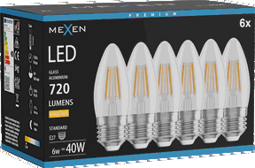 Mexen Vintis 6x LED filamentová žárovka E27, C35, 6W, Teplá - 2700K, 720 lm, čirá - L154-E27-0627-00x06