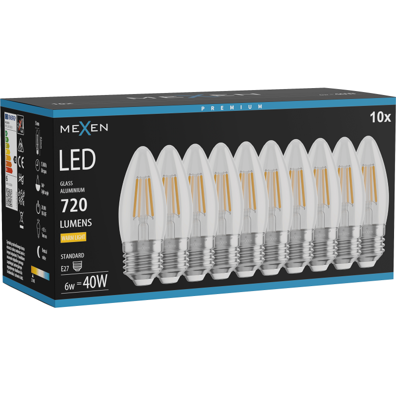 Mexen Vintis 10x žárovka filament LED E27, C35, 6W, Teplá - 2700K, 720 lm, čirá - L154-E27-0627-00x10