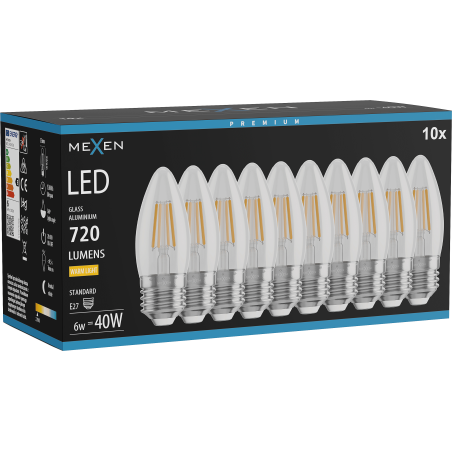 Mexen Vintis 10x žárovka filament LED E27, C35, 6W, Teplá - 2700K, 720 lm, čirá - L154-E27-0627-00x10