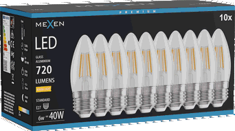 Mexen Vintis 10x žárovka filament LED E27, C35, 6W, Teplá - 2700K, 720 lm, čirá - L154-E27-0627-00x10