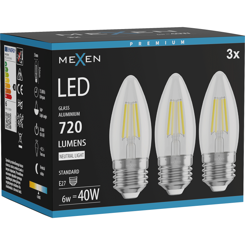 Mexen Vintis 3x LED žárovka filament E27, C35, 6W, Neutrální - 4000K, 720 lm, čirá - L154-E27-0640-00x03
