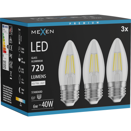 Mexen Vintis 3x LED žárovka filament E27, C35, 6W, Neutrální - 4000K, 720 lm, čirá - L154-E27-0640-00x03