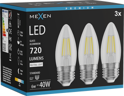 Mexen Vintis 3x LED žárovka filament E27, C35, 6W, Neutrální - 4000K, 720 lm, čirá - L154-E27-0640-00x03