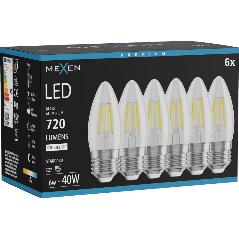 Mexen Vintis 6x Žárovka filament LED E27, C35, 6W, Neutrální - 4000K, 720 lm, čirá - L154-E27-0640-00x06