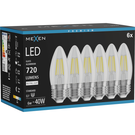 Mexen Vintis 6x Žárovka filament LED E27, C35, 6W, Neutrální - 4000K, 720 lm, čirá - L154-E27-0640-00x06