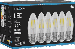 Mexen Vintis 6x Žárovka filament LED E27, C35, 6W, Neutrální - 4000K, 720 lm, čirá - L154-E27-0640-00x06