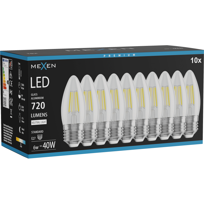 Mexen Vintis 10x žárovka filament LED E27, C35, 6W, Neutrální - 4000K, 720 lm, čirá - L154-E27-0640-00x10
