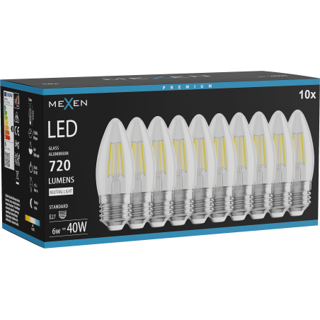 Mexen Vintis 10x žárovka filament LED E27, C35, 6W, Neutrální - 4000K, 720 lm, čirá - L154-E27-0640-00x10