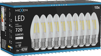 Mexen Vintis 10x žárovka filament LED E27, C35, 6W, Neutrální - 4000K, 720 lm, čirá - L154-E27-0640-00x10