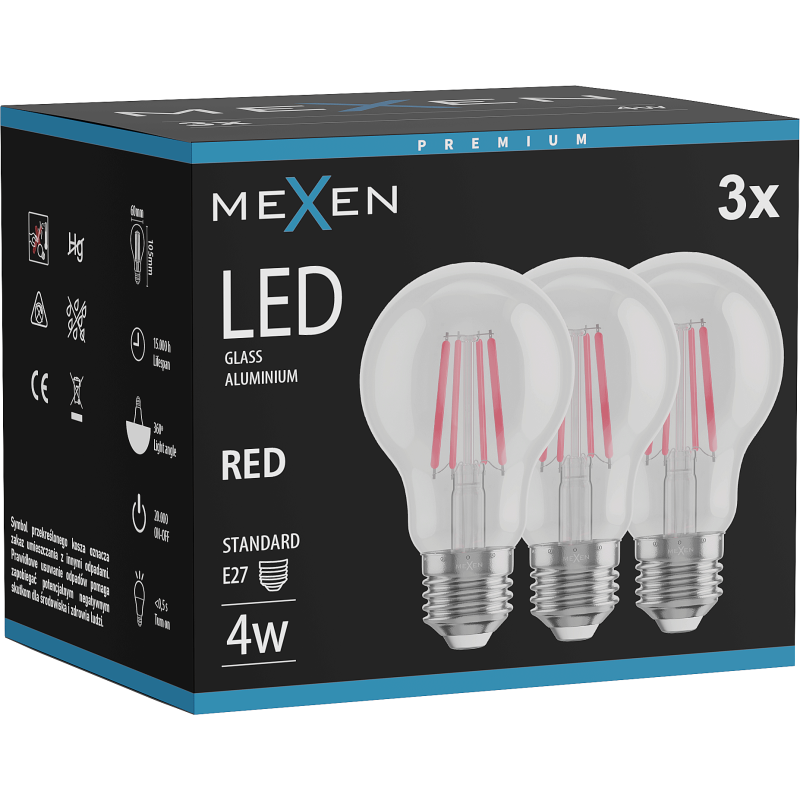 Mexen Vintis 3x LED filamentová žárovka E27, A60, 4W, 55 lm, červená - L150-E27-04XX-45x03