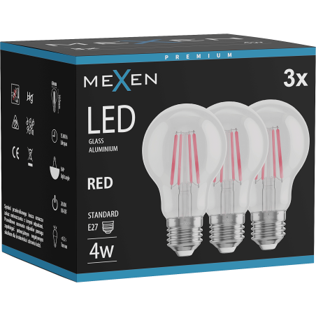 Mexen Vintis 3x LED filamentová žárovka E27, A60, 4W, 55 lm, červená - L150-E27-04XX-45x03