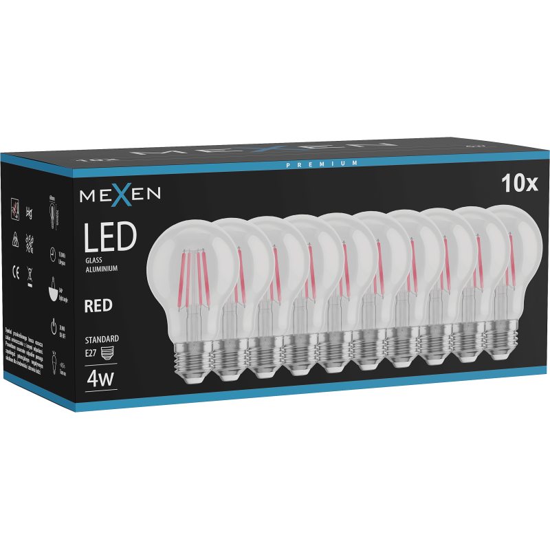 Mexen Vintis 10x žárovka filament LED E27, A60, 4W, 55 lm, červená - L150-E27-04XX-45x10