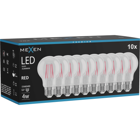 Mexen Vintis 10x žárovka filament LED E27, A60, 4W, 55 lm, červená - L150-E27-04XX-45x10