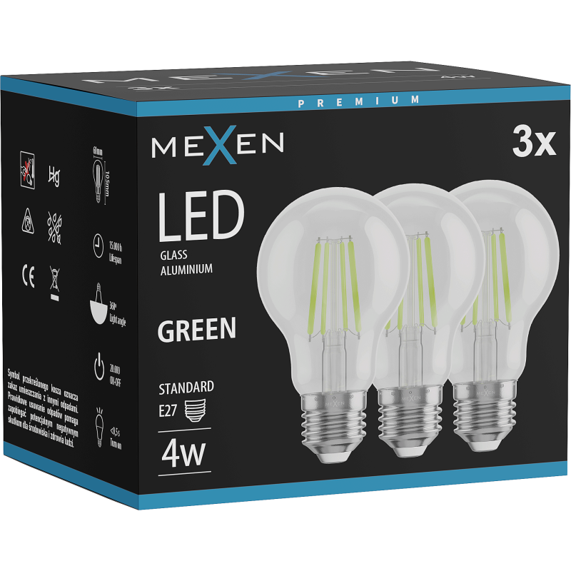 Mexen Vintis 3x žárovka filament LED E27, A60, 4W, 55 lm, zelená - L150-E27-04XX-46x03