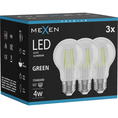 Mexen Vintis 3x žárovka filament LED E27, A60, 4W, 55 lm, zelená - L150-E27-04XX-46x03