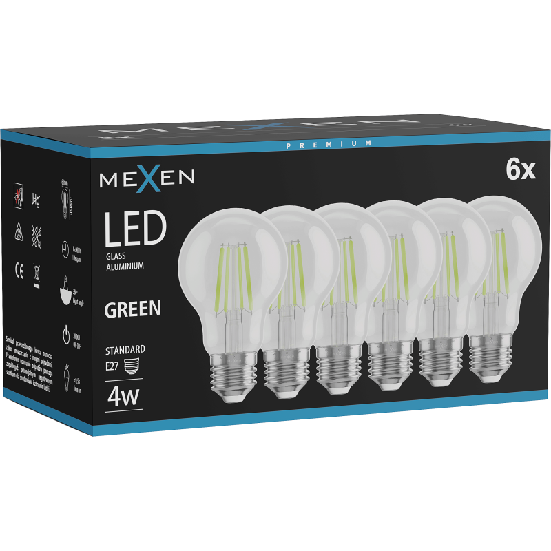Mexen Vintis 6x LED vlákno žárovka E27, A60, 4W, 55 lm, zelená - L150-E27-04XX-46x06
