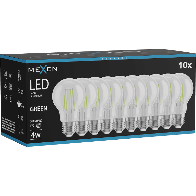 Mexen Vintis 10x žárovka filament LED E27, A60, 4W, 55 lm, zelená - L150-E27-04XX-46x10