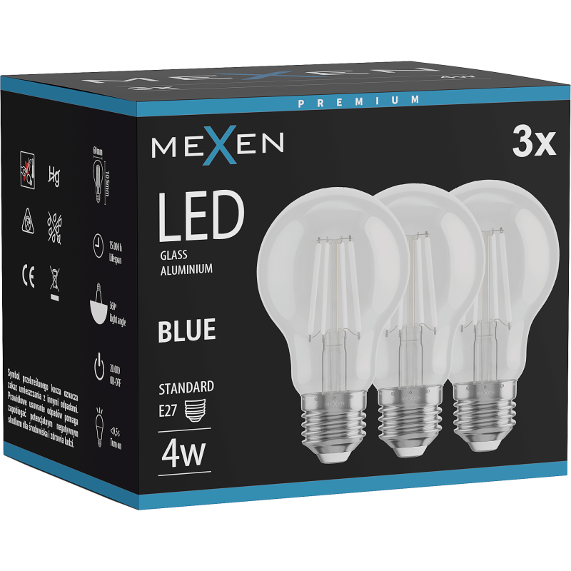 Mexen Vintis 3x žárovka filament LED E27, A60, 4W, 55 lm, modrá - L150-E27-04XX-47x03