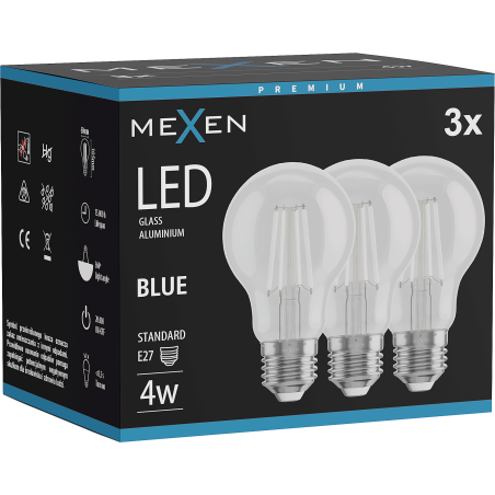 Mexen Vintis 3x žárovka filament LED E27, A60, 4W, 55 lm, modrá - L150-E27-04XX-47x03