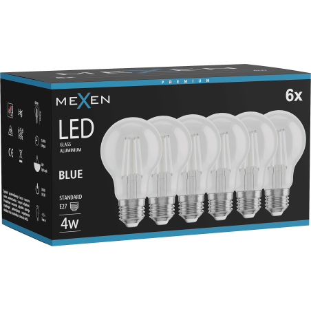 Mexen Vintis 6x Žárovka filament LED E27, A60, 4W, 55 lm, modrá - L150-E27-04XX-47x06