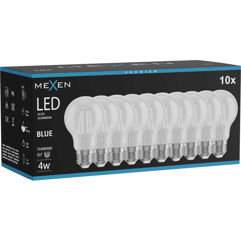 Mexen Vintis 10x žárovka filament LED E27, A60, 4W, 55 lm, modrá - L150-E27-04XX-47x10